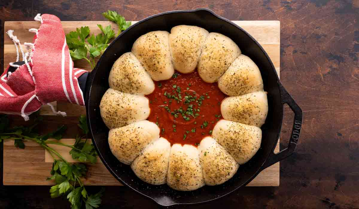 Pepperoni Balls in Cast Iron Skillet with Marinara Sauce