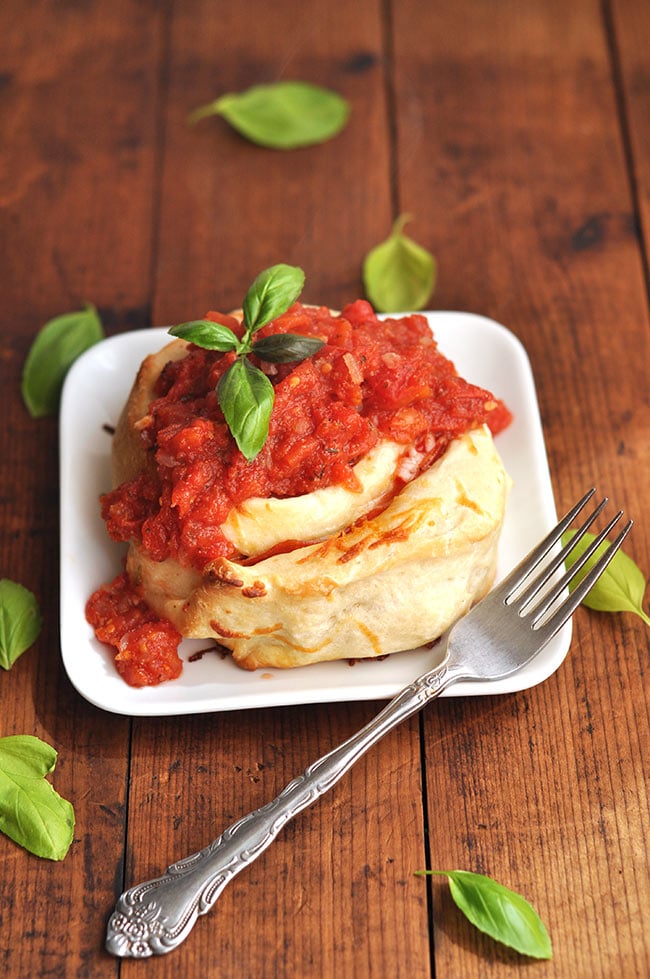 Roasted Red Pepper & Pepperoni Roll Ups with Vermouth Sauce