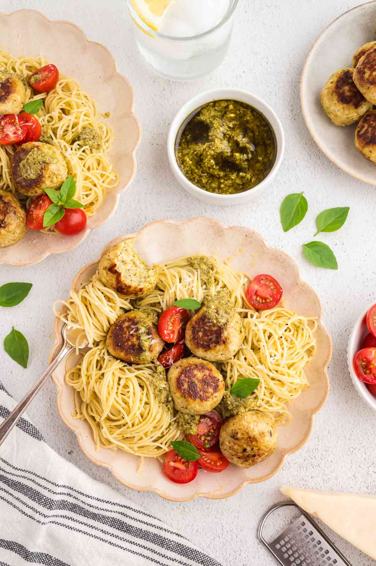 Pesto Chicken Meatballs with Spaghetti