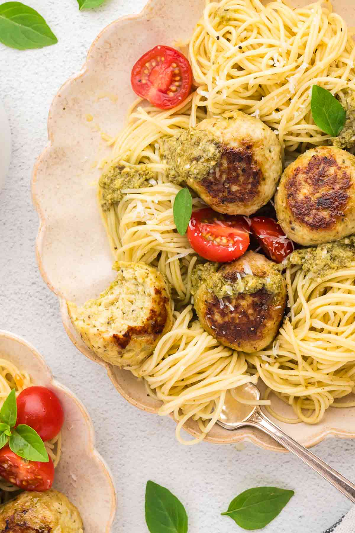 Pesto Chicken Meatballs with Pasta and Tomatoes