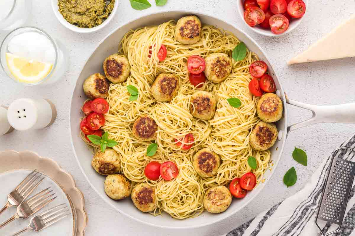 Skillet Pesto Chicken Meatballs