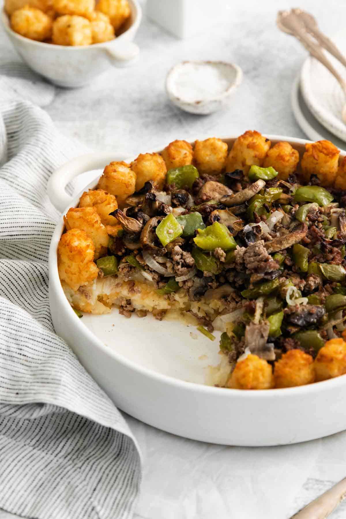 Philly Cheesesteak Casserole with steak, green peppers, onions