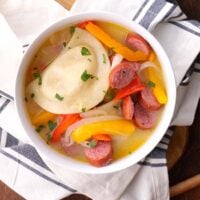 Pierogi Kielbasa Soup in a bowl