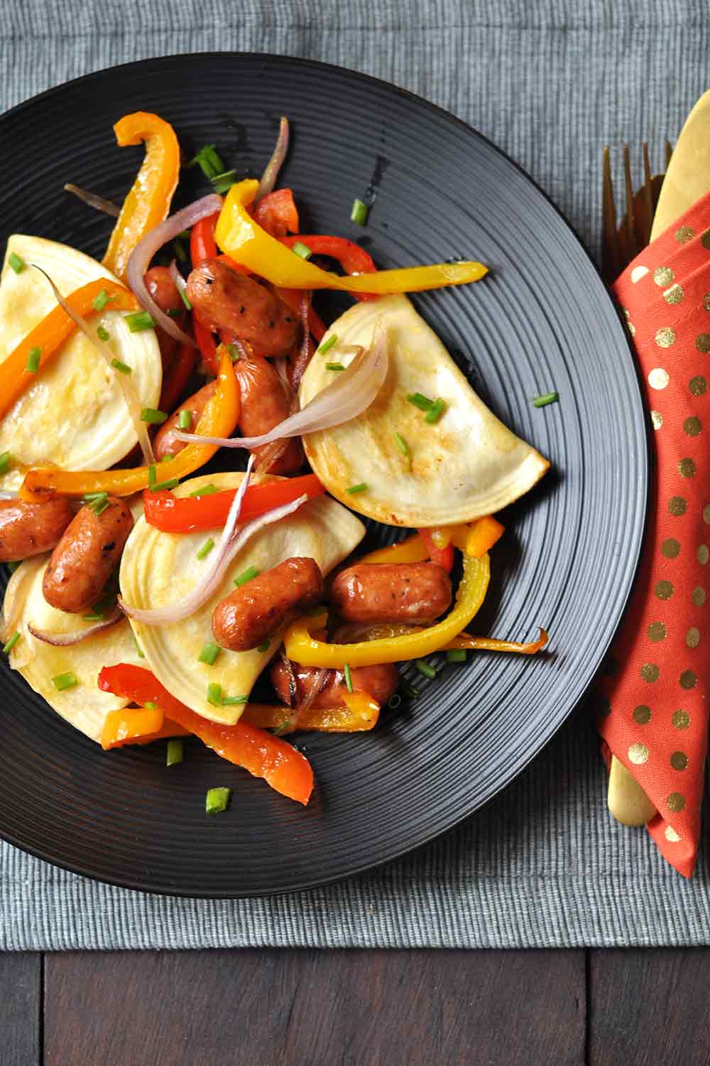 Pierogies and Kielbasa with Peppers and Onions