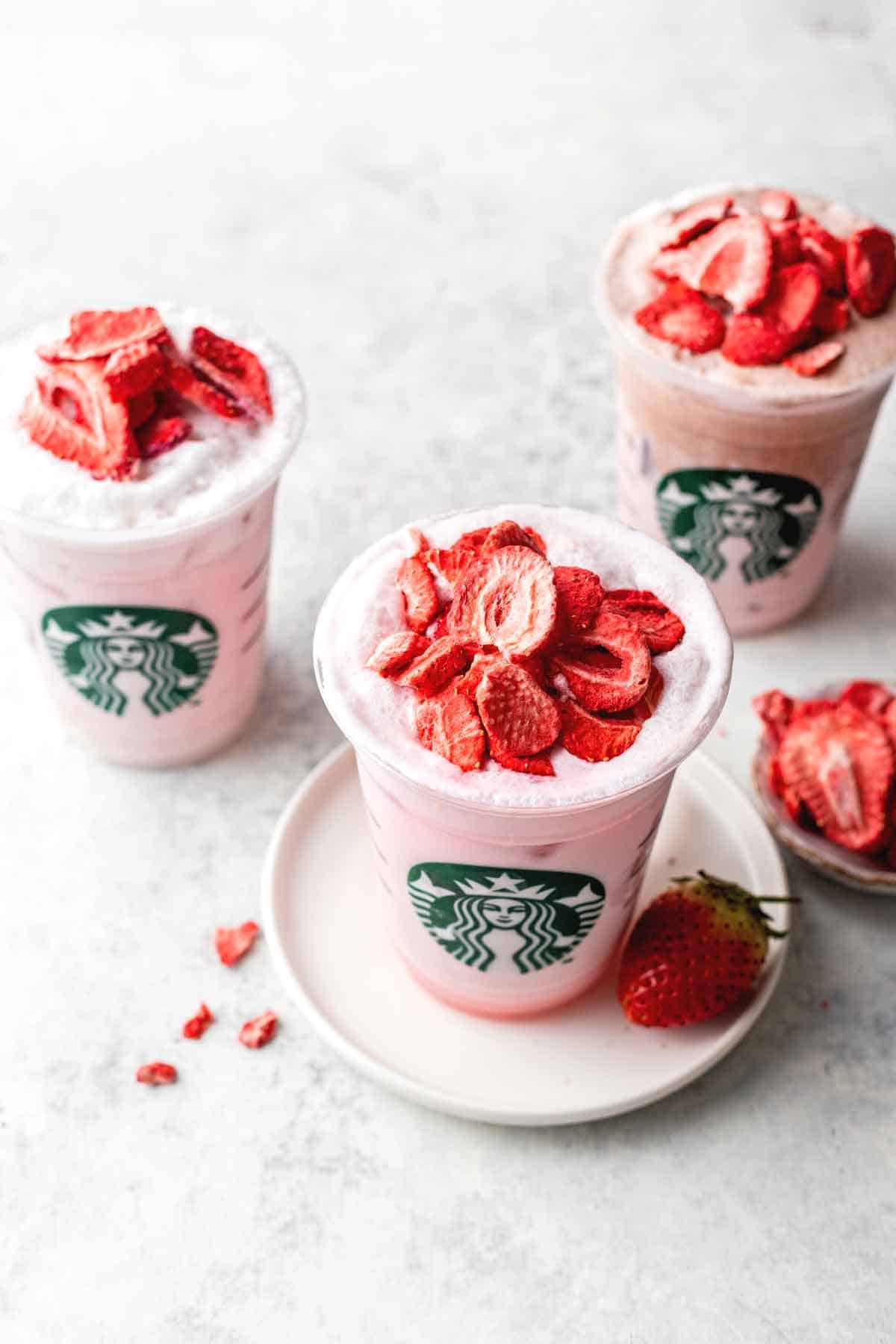 Homemade Pink Drink Variations with Foam and Freeze Dried Strawberries