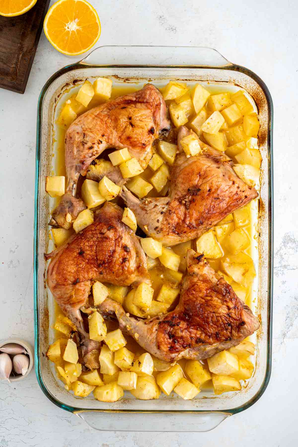 Orange Chicken Quarters and Yellow Potatoes in a Garlic-Orange Sauce