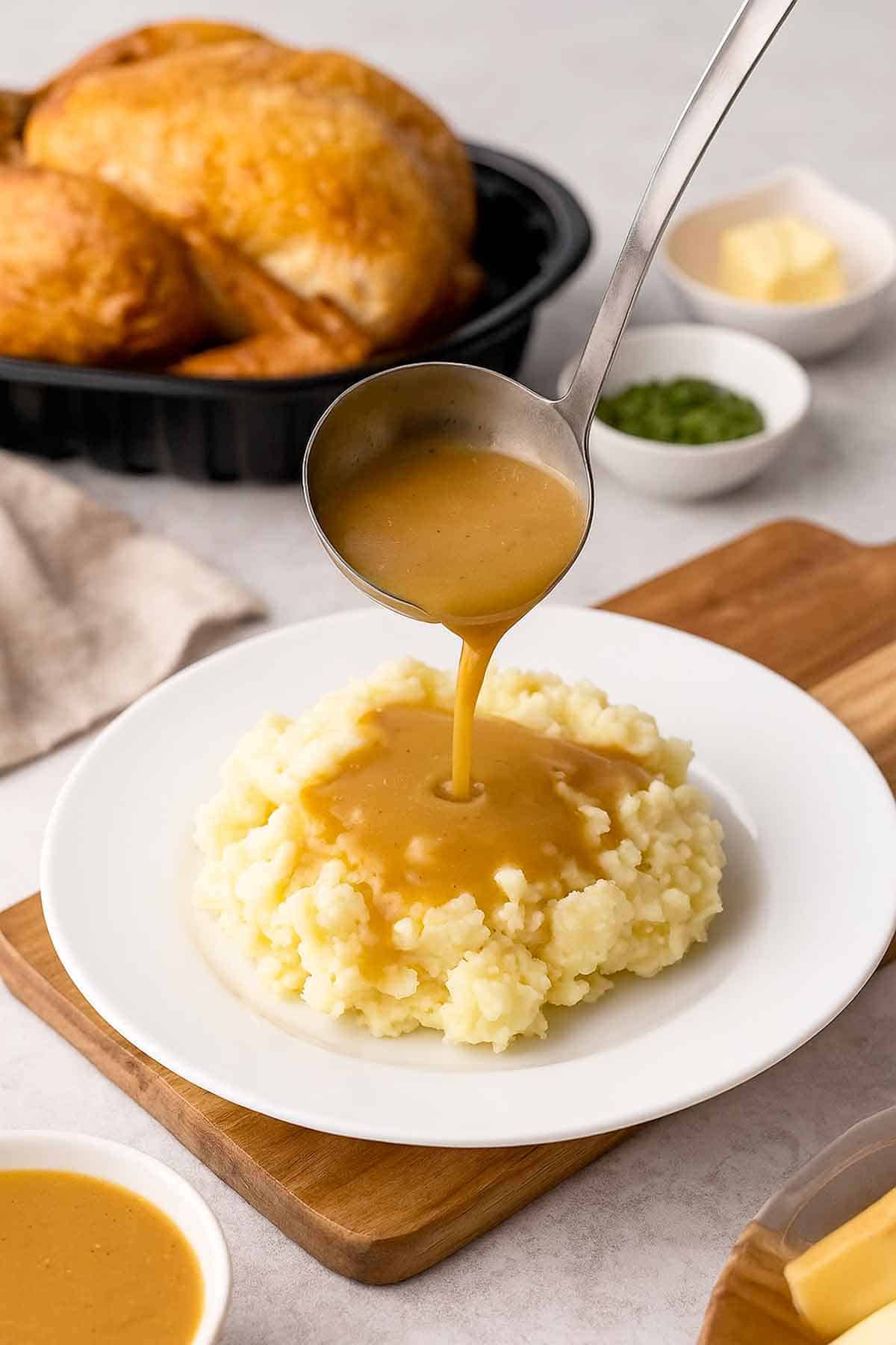 Rotisserie chicken gravy being ladled over mashed potatoes