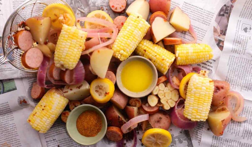 Seafood boil served on newspaper