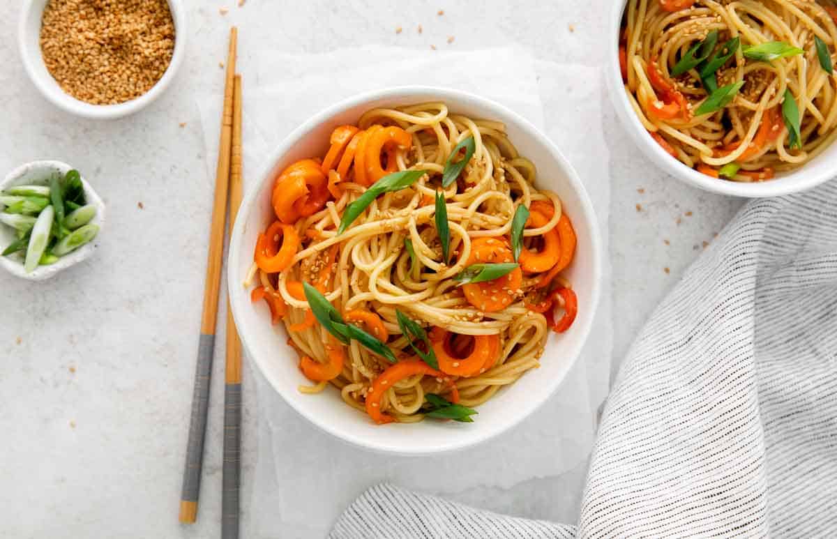 Bowl of Cold Sesame Noodle Salad with Carrots