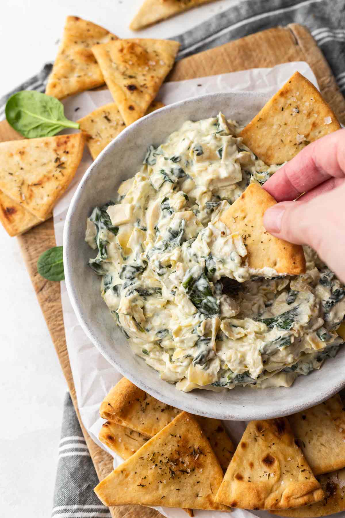 Spinach Artichoke Dip with Baked Pita Chips