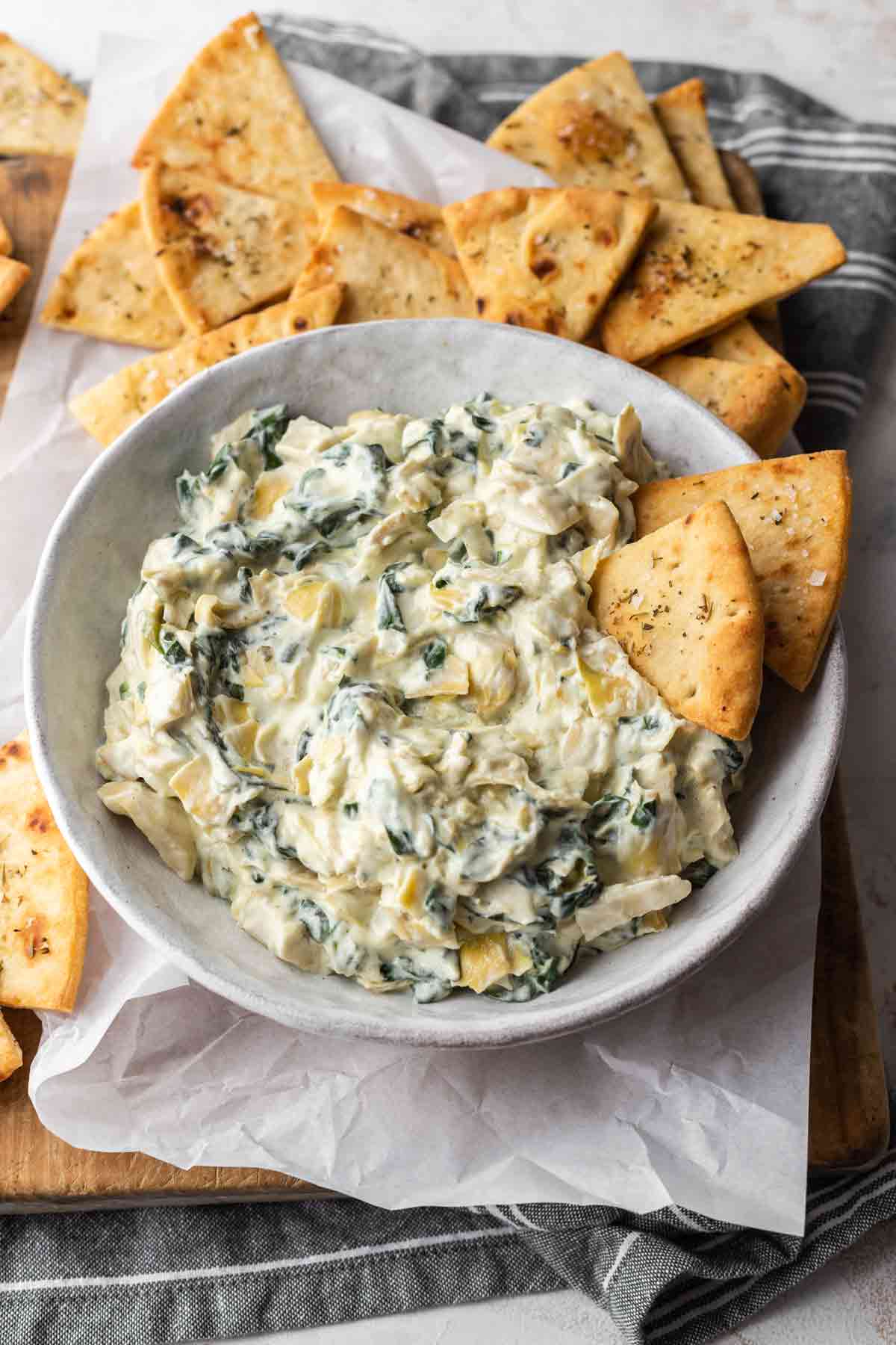 Spinach Artichoke Dip with Homemade Pita Chips