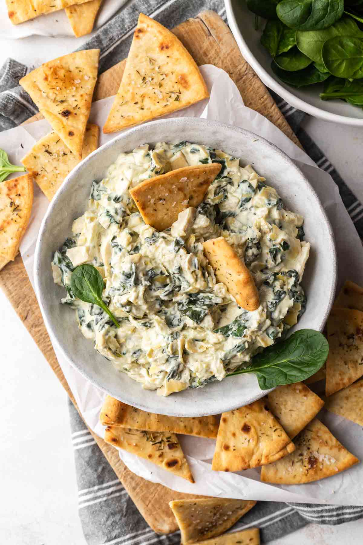 5-Ingredient Spinach Artichoke Dip with Toasted Pitas