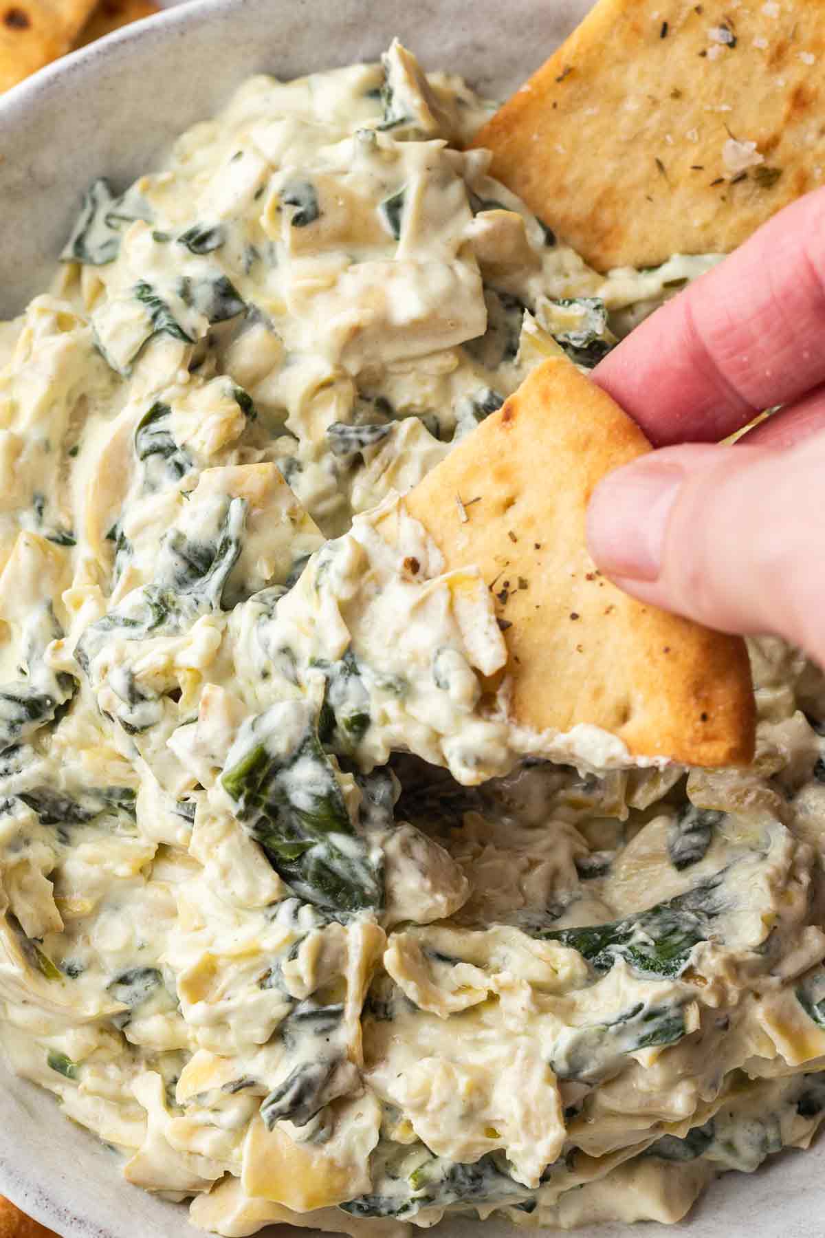 Spinach Artichoke Dip with Toasted Pita Triangles