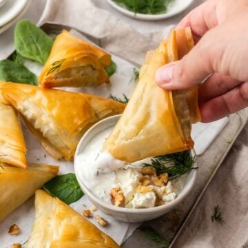 Spinach Feta Triangles (Spanakopita) with Tzatziki Sauce