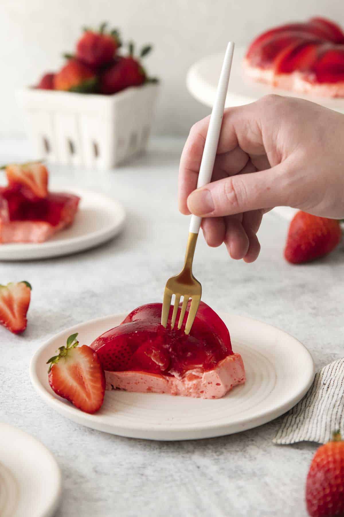Strawberry Cream Jello Dessert with Fresh Strawberries