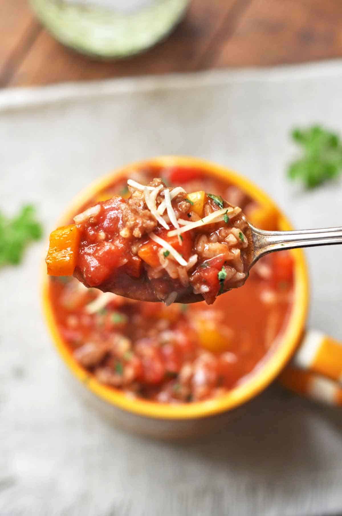 Bite of Stuffed Pepper Soup on Spoon