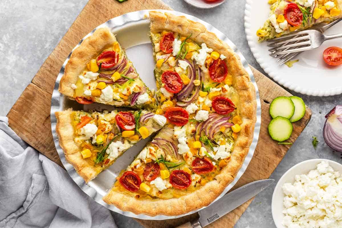 Summer Garden Vegetable Pie with Zucchini, Corn, Tomatoes, and Feta Cheese