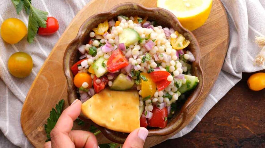 Israeli Couscous Salad with Pita Chips