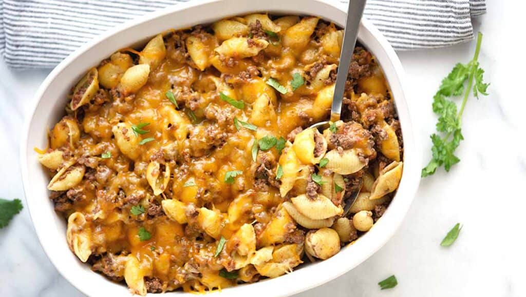 Taco Pasta Shells with Ground Beef in Casserole Dish