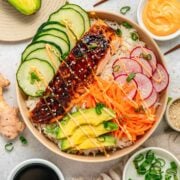 Easy Teriyaki Salmon Bowl Teriyaki Salmon Bowl with Radishes, Avocado, Carrot and Cucumber
