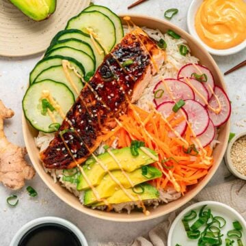 Teriyaki Salmon Bowl with Radishes, Avocado, Carrot and Cucumber