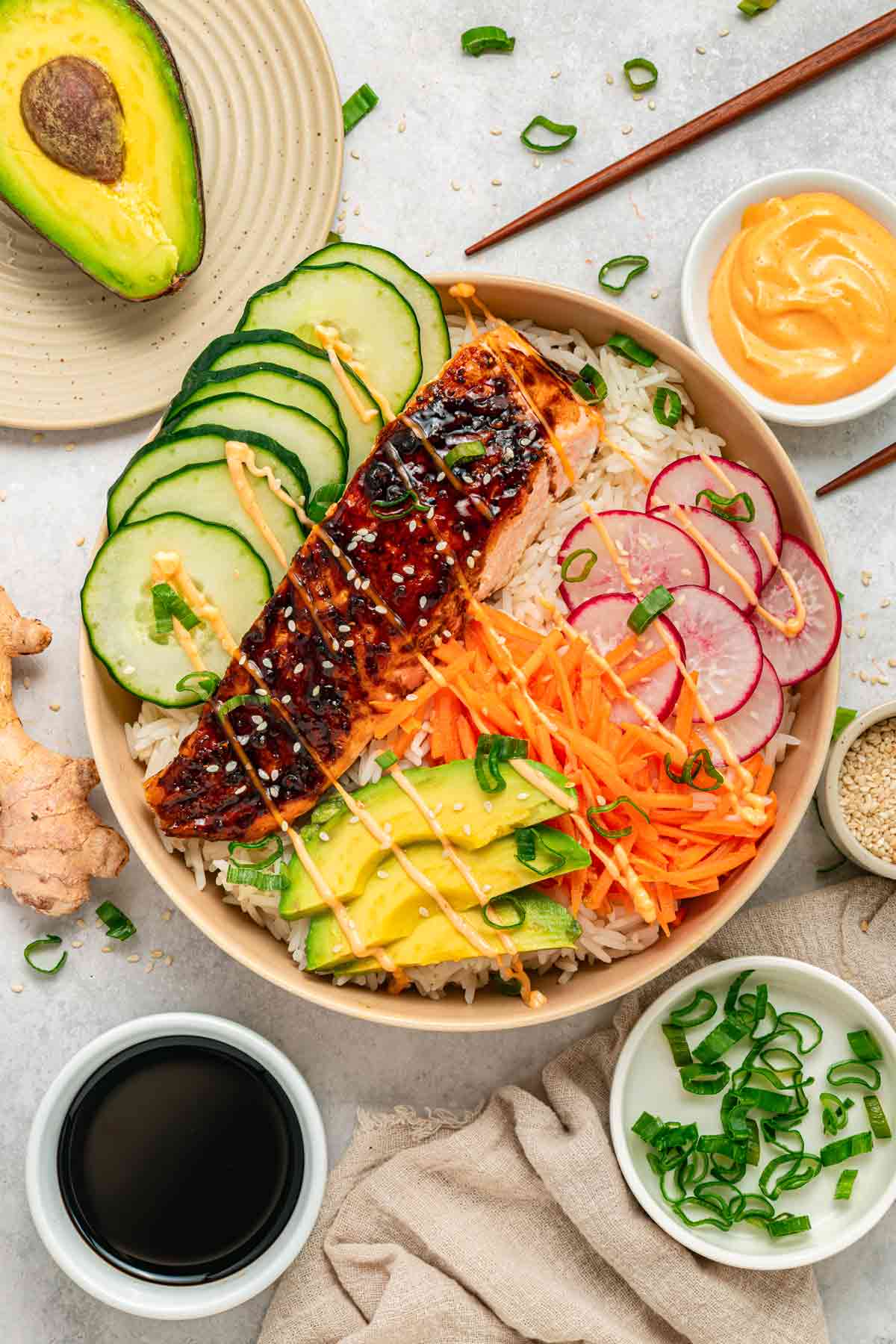Teriyaki Salmon Bowl with Radishes, Avocado, Carrot and Cucumber