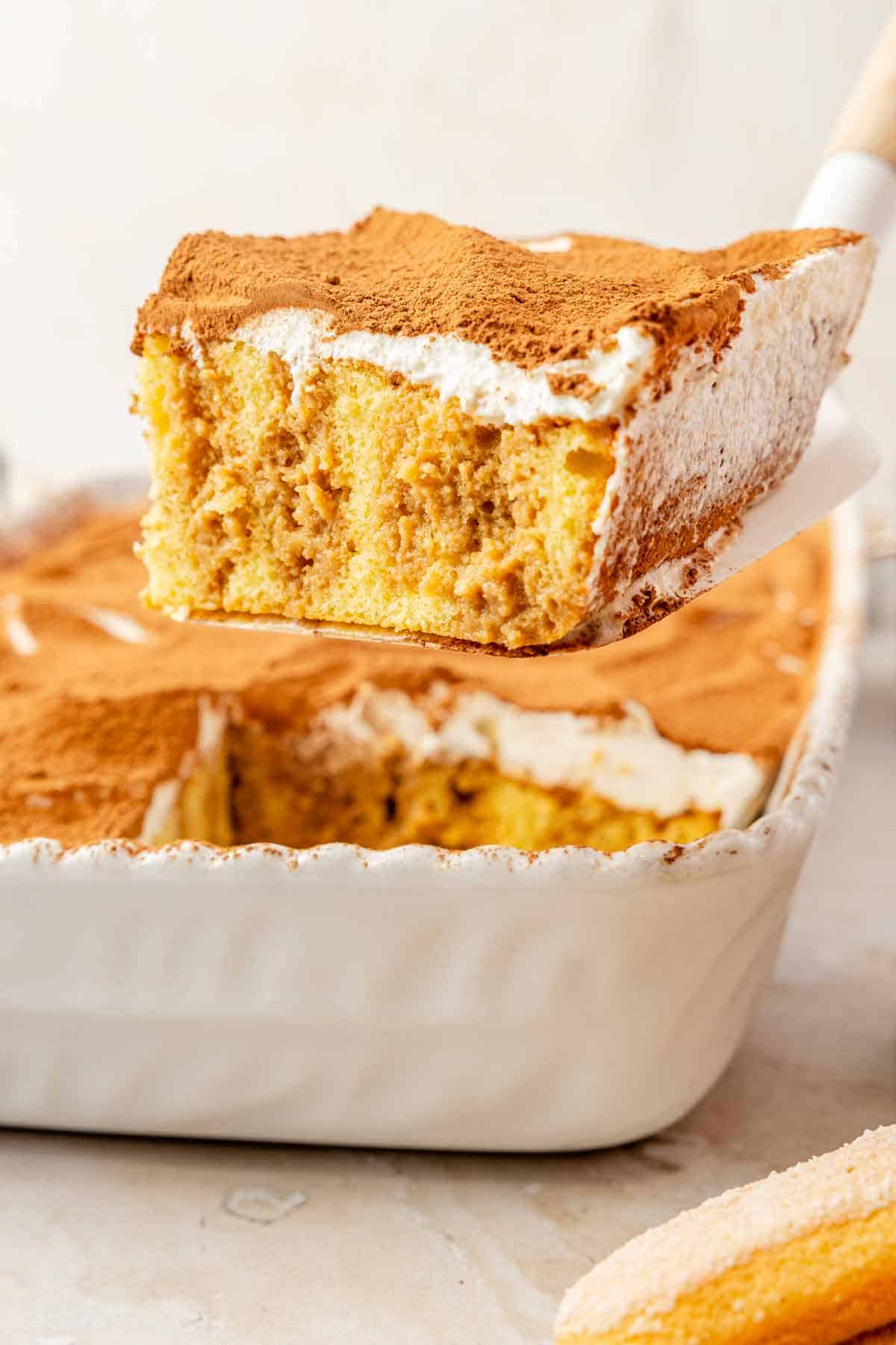 Slice of Tiramisu Poke Cake