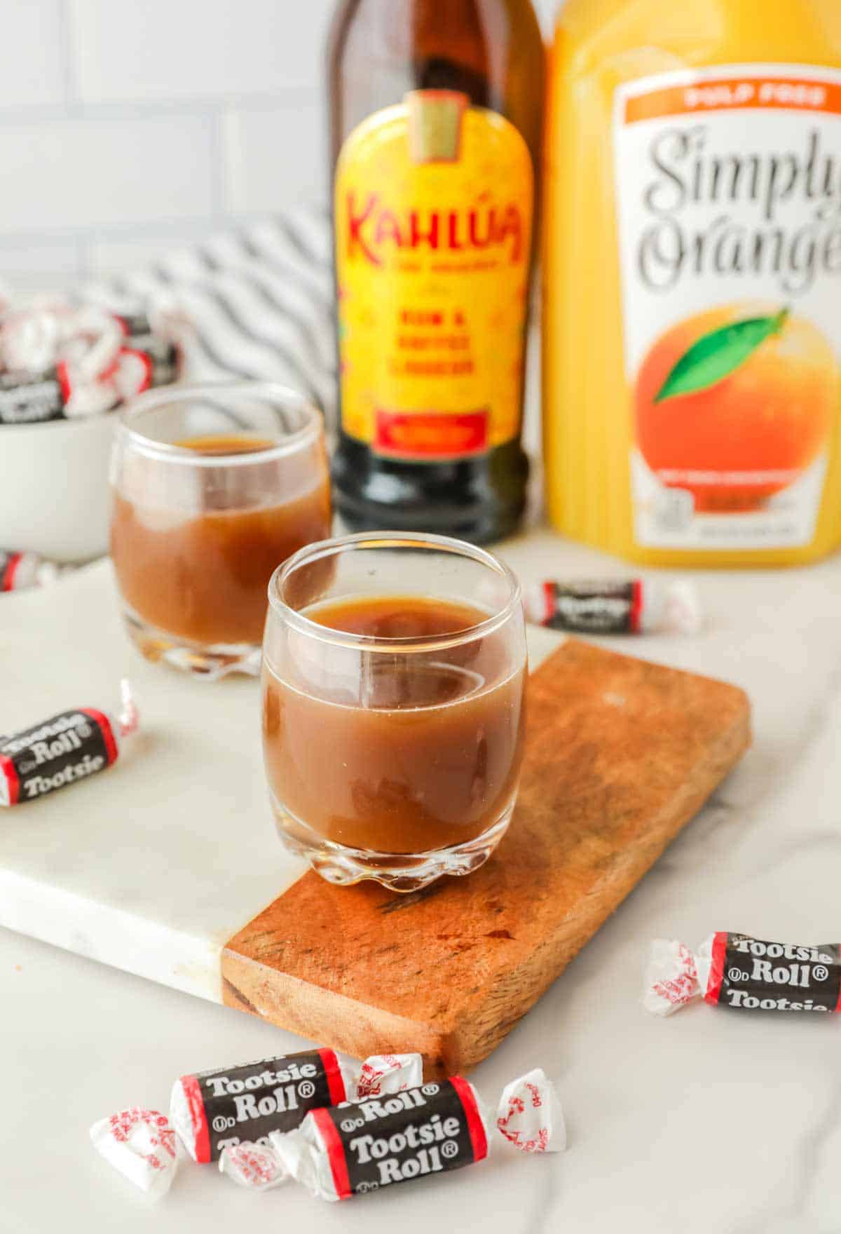 Tootsie Roll Shot with Khalua and Orange Juice