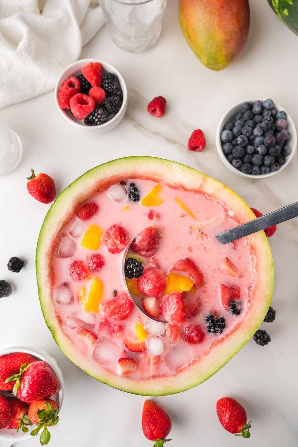 Hwachae Fruit Punch served in a watermelon