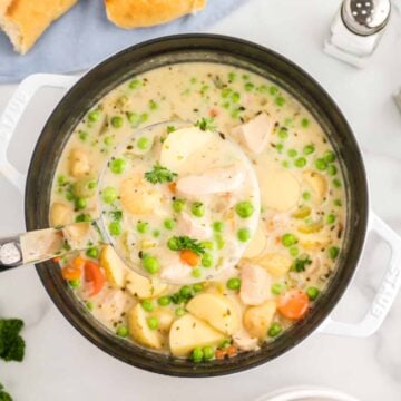 White Wine Chicken Potato Soup with Peas and Carrots